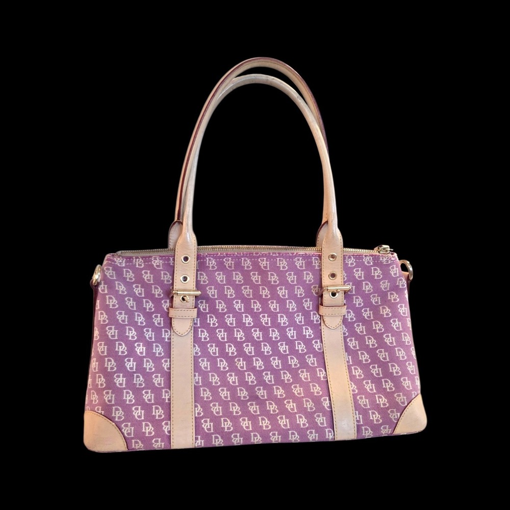 Dooney & Bourke Signature DB Monogram Canvas Satchel Purple Tan Leather Trim